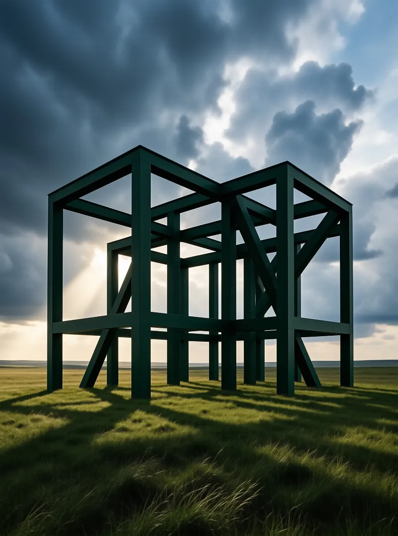 A skeletal green building frame stands on grass while dramatic sunlight bursts through the heavy clouds.