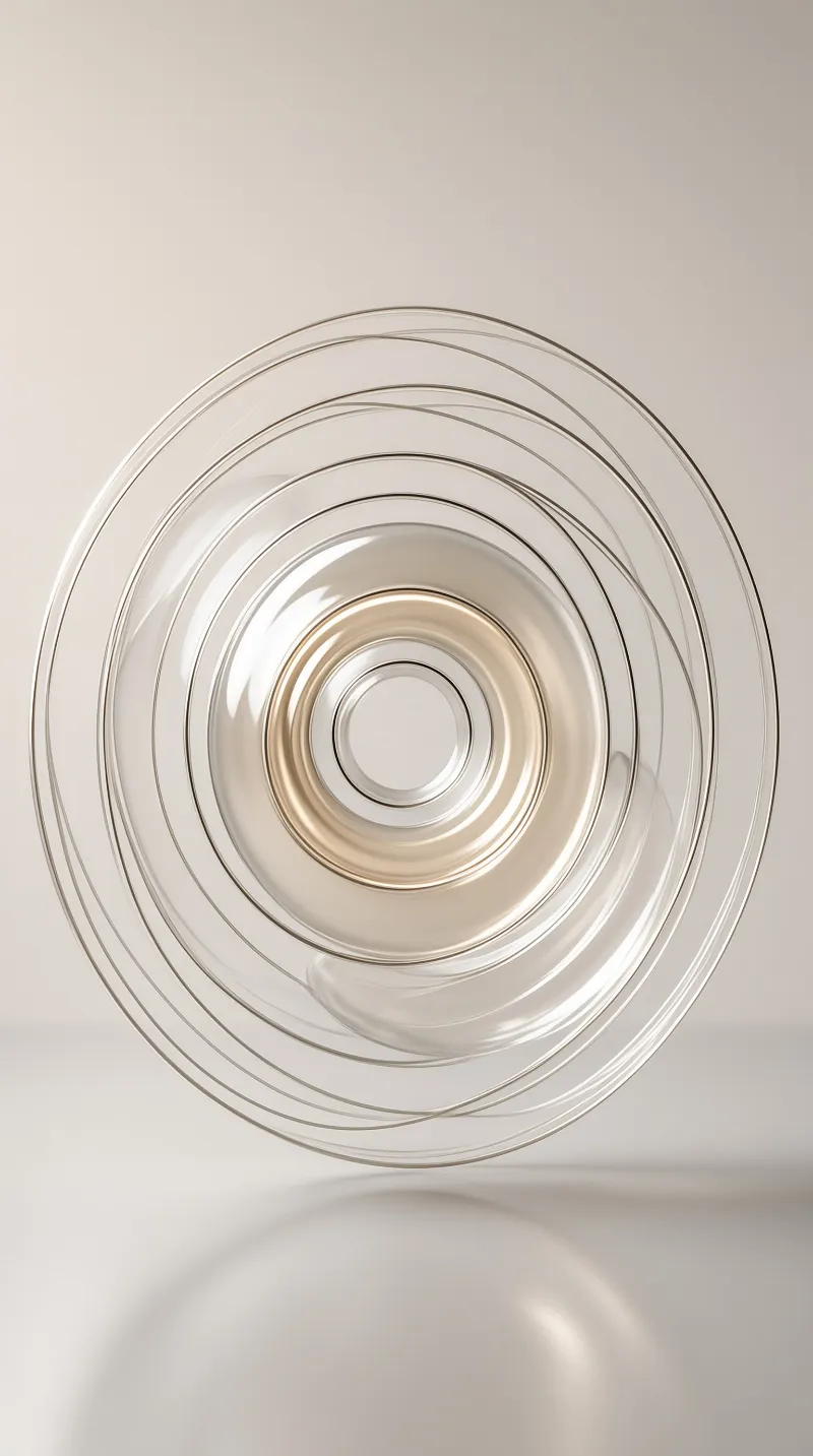 Top down view of transparent concentric rings with a beige center on a plain background.