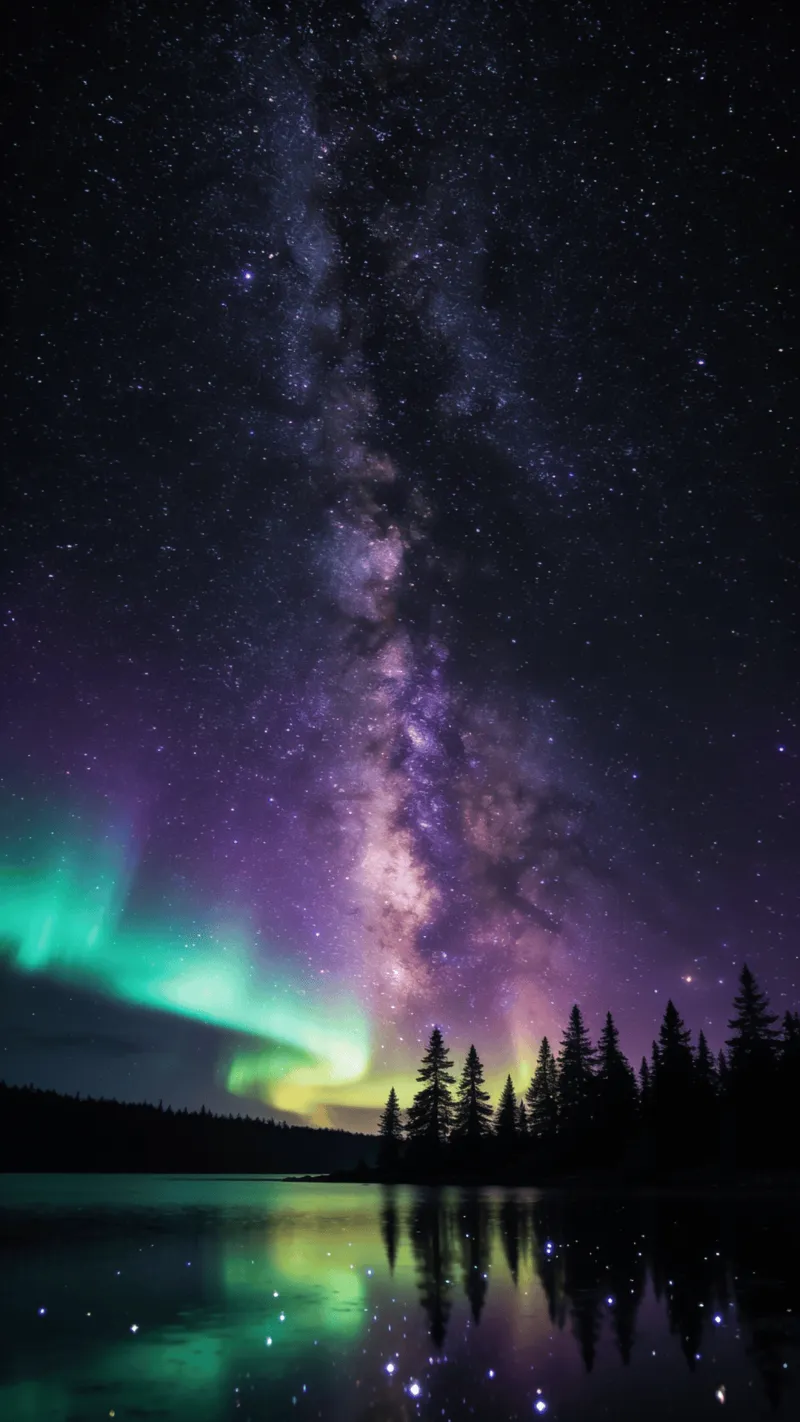 Milky Way and Aurora Above Pine Lake