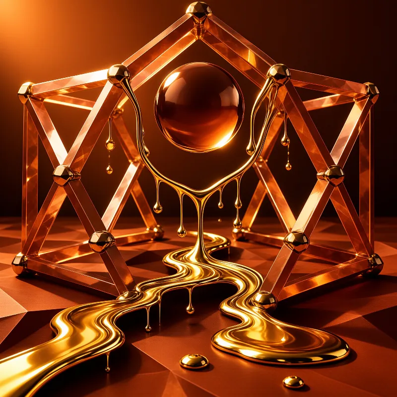 A polished geometric structure supports a sphere as liquid gold flows onto a faceted surface.