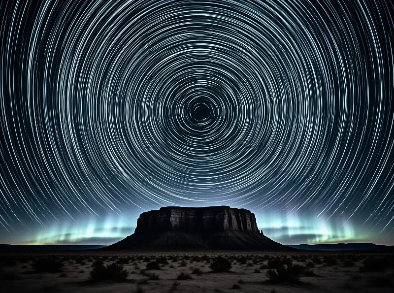 A vast desert landscape features a large rocky formation beneath a sky filled with concentric circles of light from moving stars and a faint green glow of aurora along the horizon.
