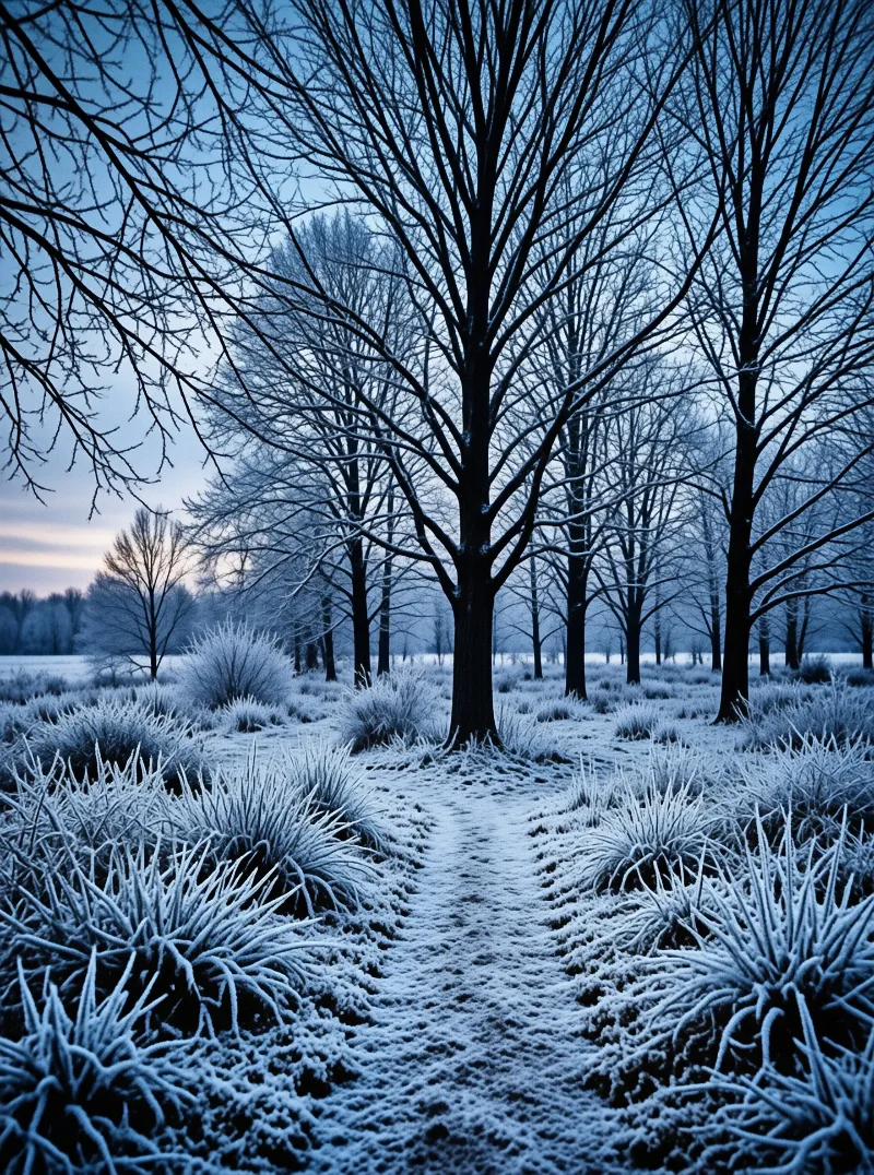 A winding path through tall frozen grass leads toward a row of leafless trees standing in a cold blue field during twilight.