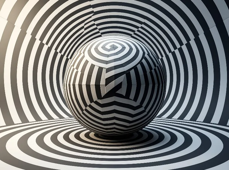 A faceted sphere with black and white stripes rests where floor and walls share the identical concentric pattern.