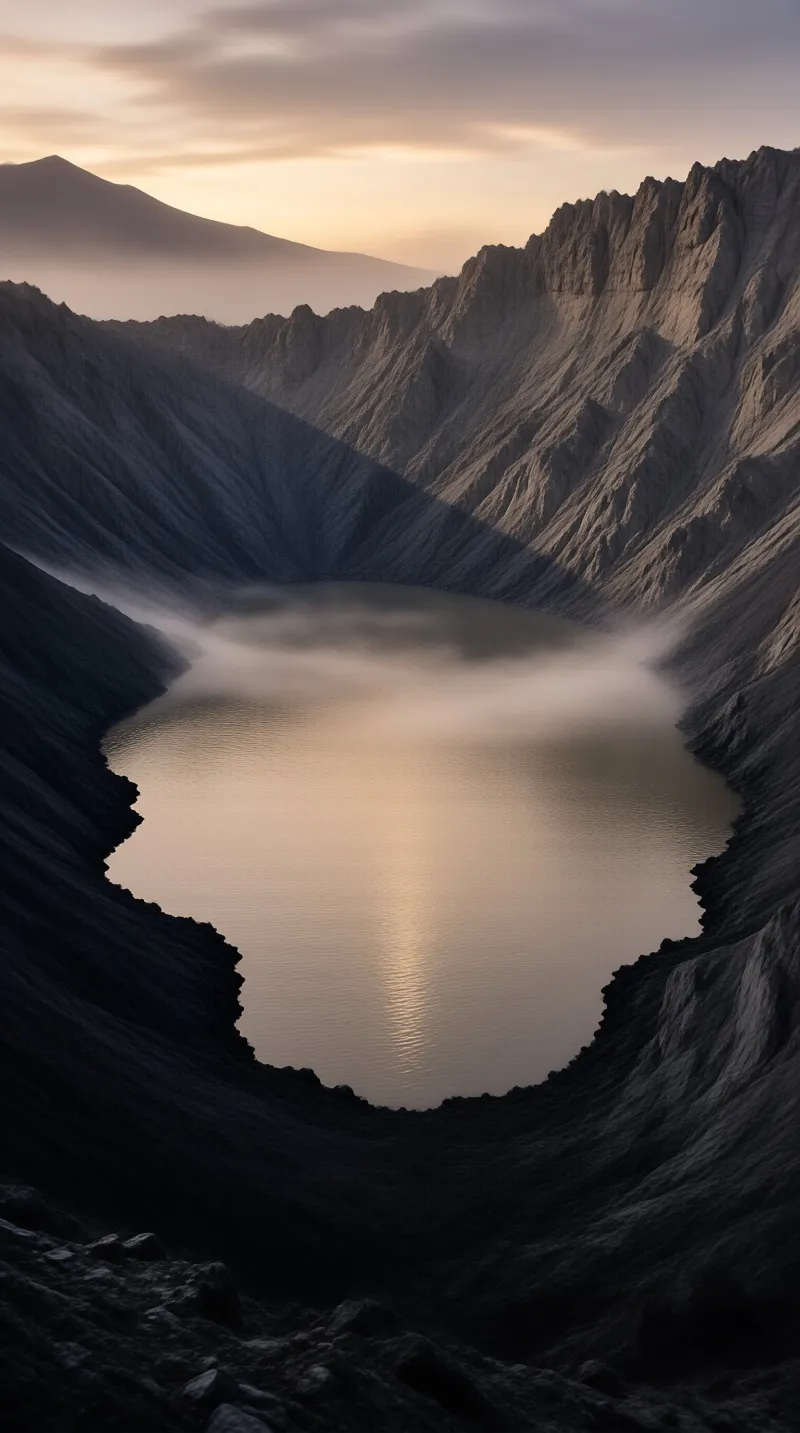 A calm volcanic lake sits inside a steep rocky crater while low clouds drift over the water reflecting warm orange light.