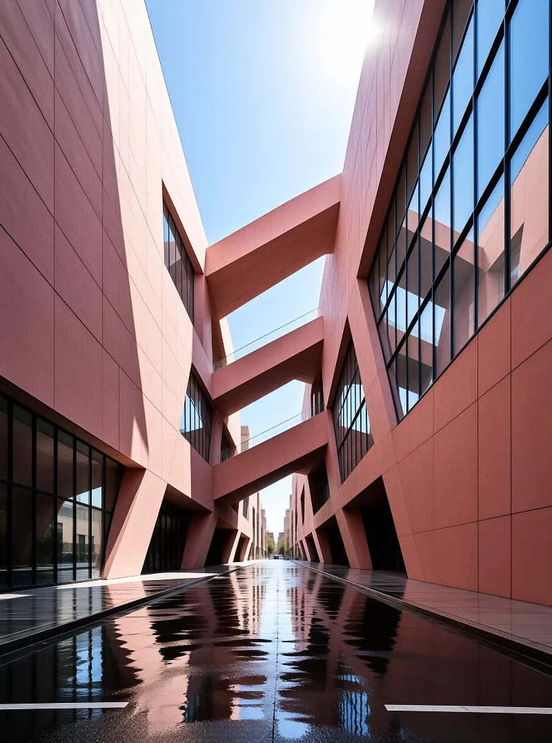 Two angled salmon walls joined by stacked footbridges rise above a rain slick courtyard that mirrors the blue glass.