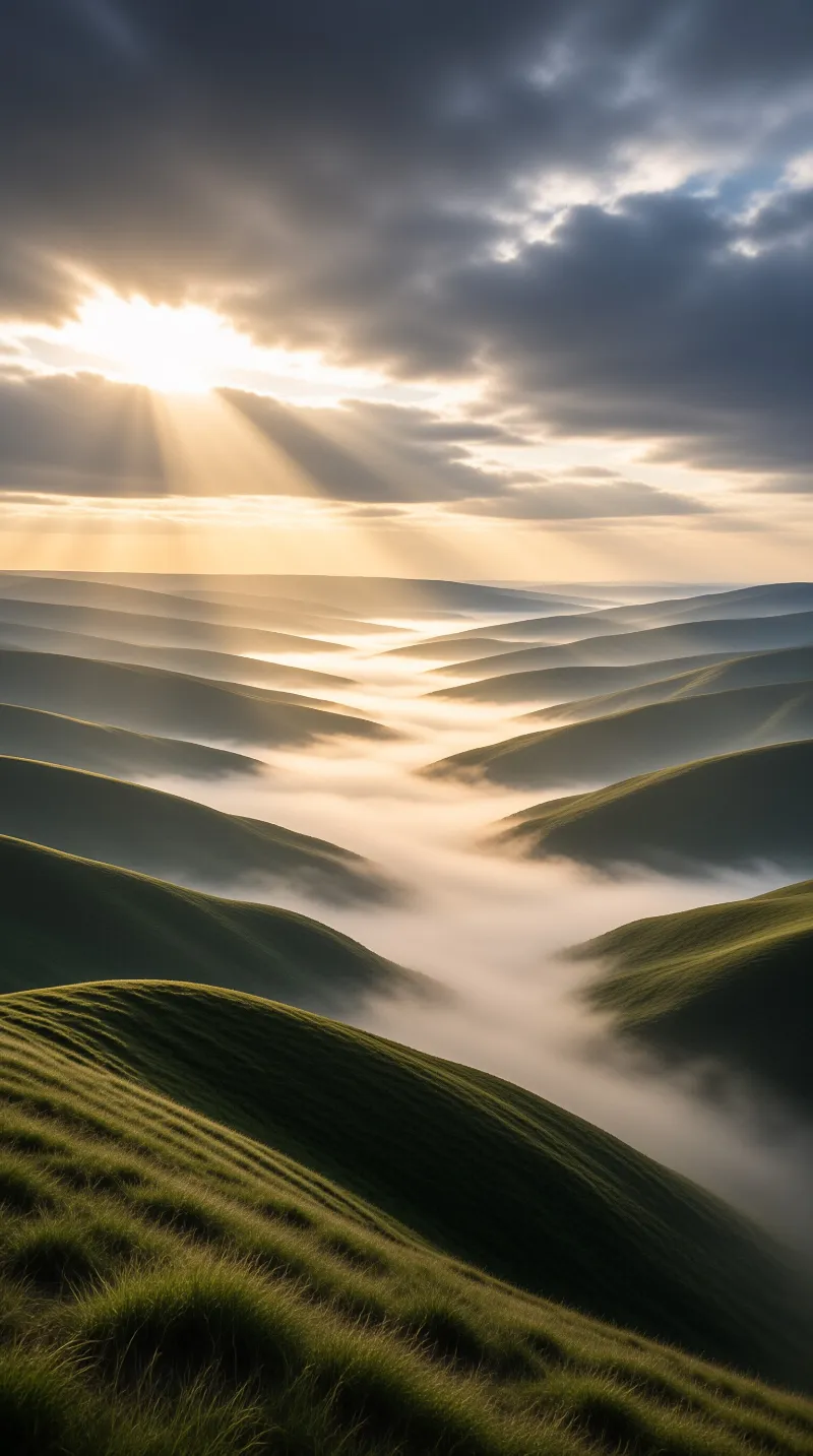 Sunlit Misty Hills