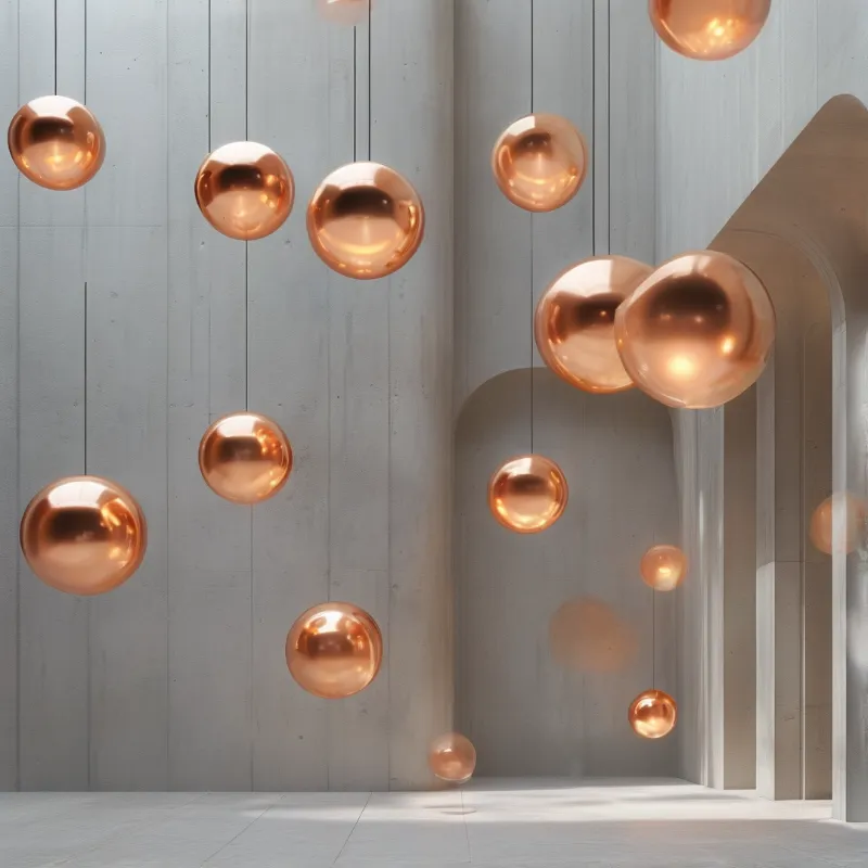 Shiny copper spheres suspended by wires inside a minimalist concrete interior with soft natural lighting.