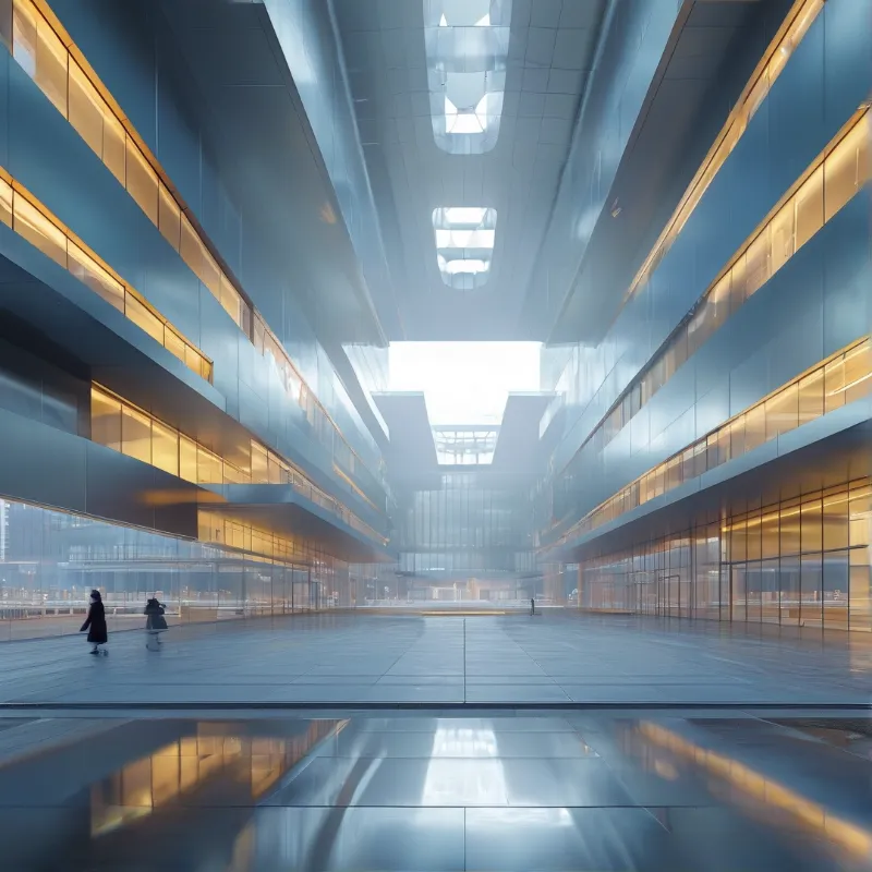 A vast modern hall stretches toward a bright opening, its blue steel walls sliced by glowing amber strips and skylights.