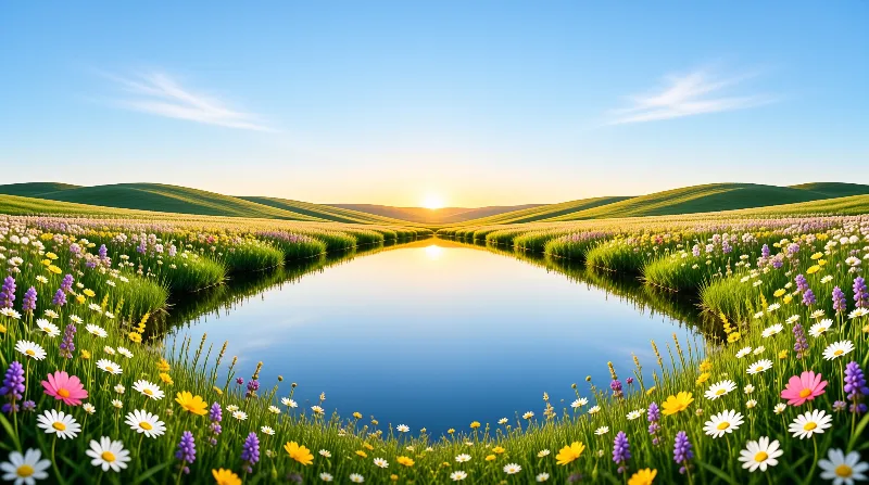 A winding stream cuts through colorful wildflowers as the low sun creates a bright reflection on the water.