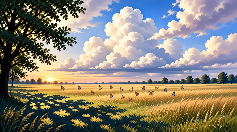 A flock of butterflies flies low over a sunlit wheat field near a large tree during sunset