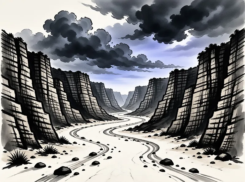 Surreal landscape featuring windowed monoliths as canyon walls with a winding track and stormy sky.