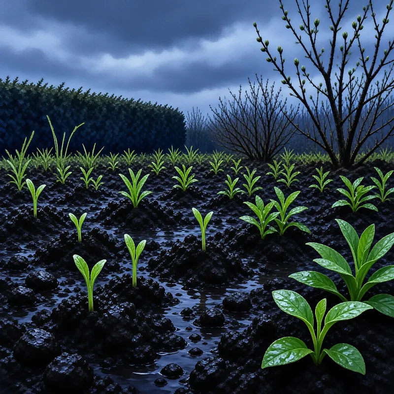 Rows of bright green seedlings sprout from dark, wet earth beneath a heavy, blue-grey cloudy sky.