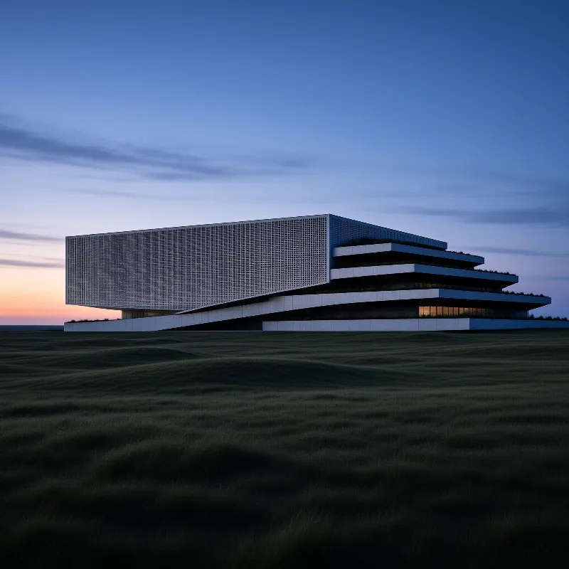 A large white structure with a grid facade and stacked terraces sits on a green plain as the sky turns blue.