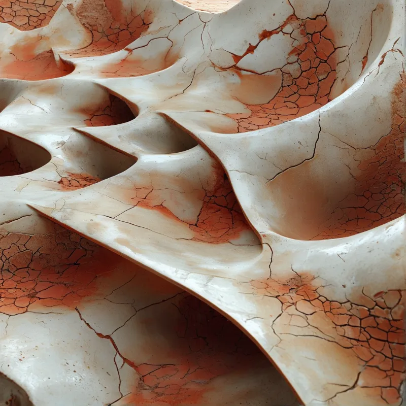 A close-up of dried cracked earth with wavy ridges and reddish-brown fissures showing desiccation patterns