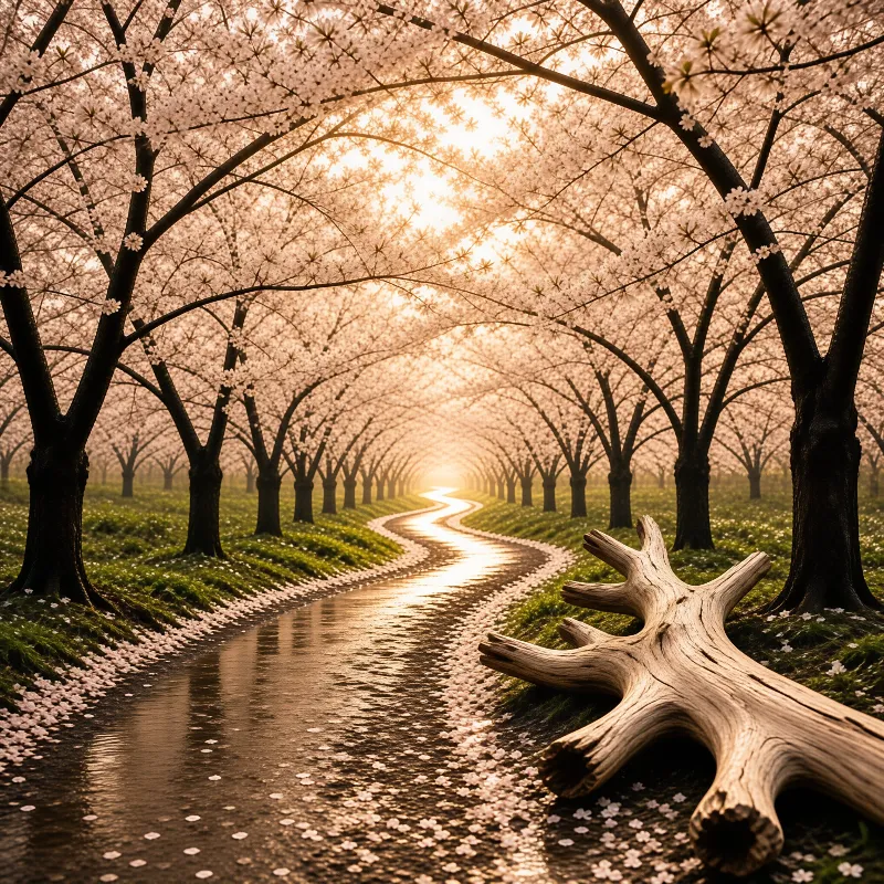 A winding path lined with flowering trees creates a tunnel of pink petals and warm sunlight filtering through the branches.