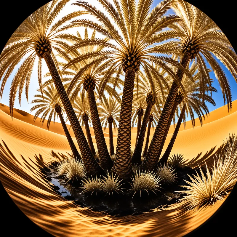 Tall palm trees rise from a small oasis nestled among golden dunes under a bright blue sky and warm sunlight.