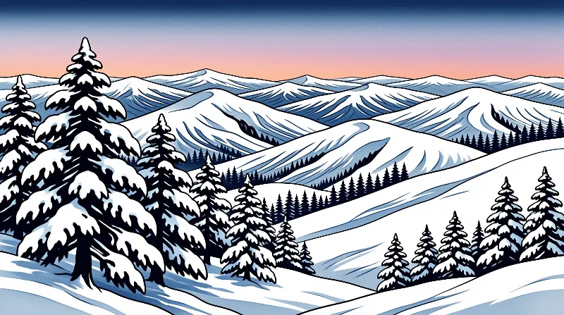 Snow-covered evergreens and rolling hills beneath a gradient sky transitioning from deep blue to warm orange tones.