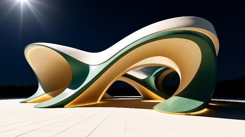 A sweeping curved structure with white gold and teal layers rests on a tiled plaza under a dark sky with bright lighting.