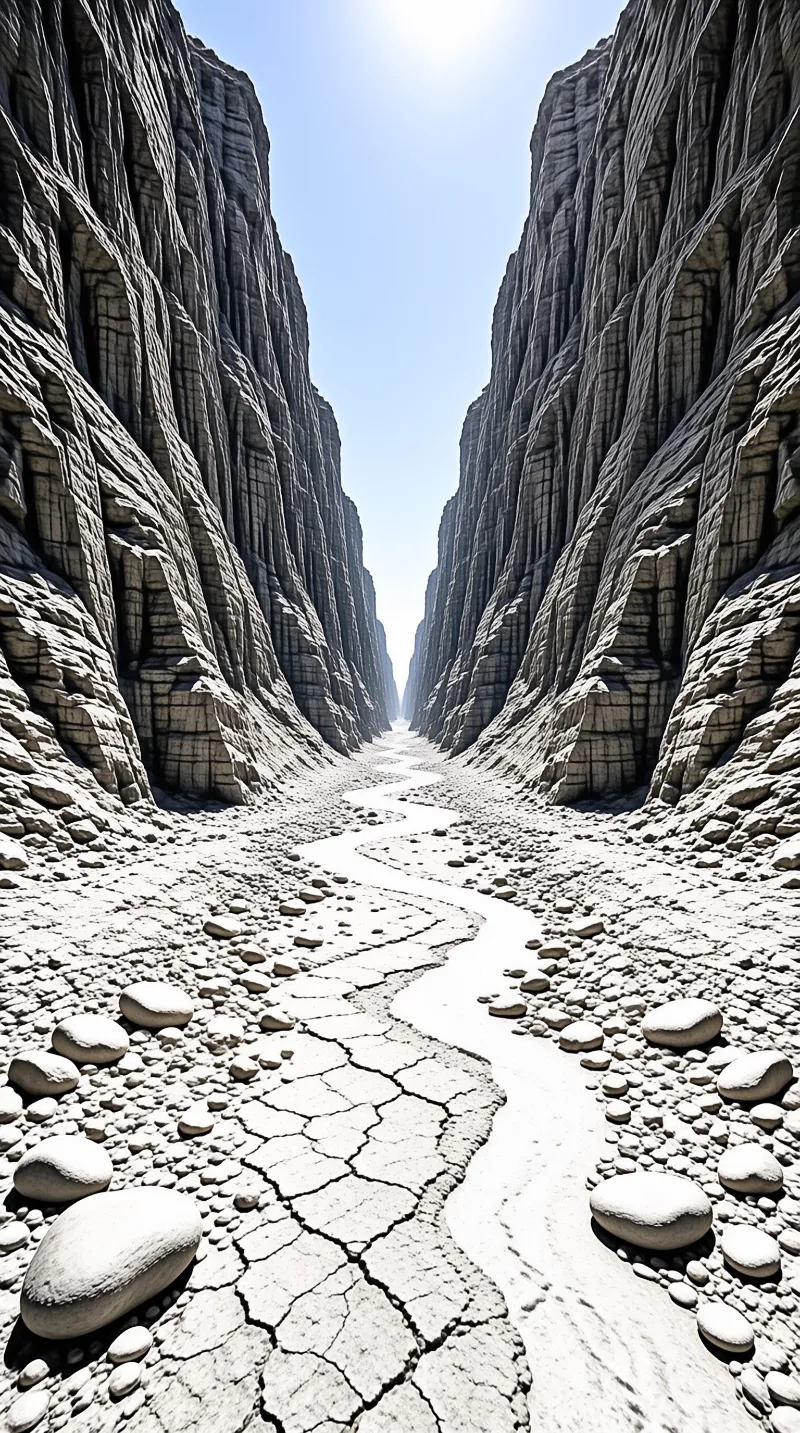 A narrow desert gorge features towering vertical rock layers enclosing a cracked riverbed illuminated by harsh sunlight.