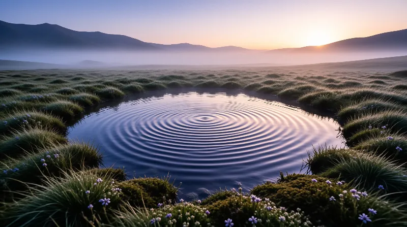 Concentric ripples disturb a small pond surrounded by grass tufts under a soft orange sky near distant mountains.