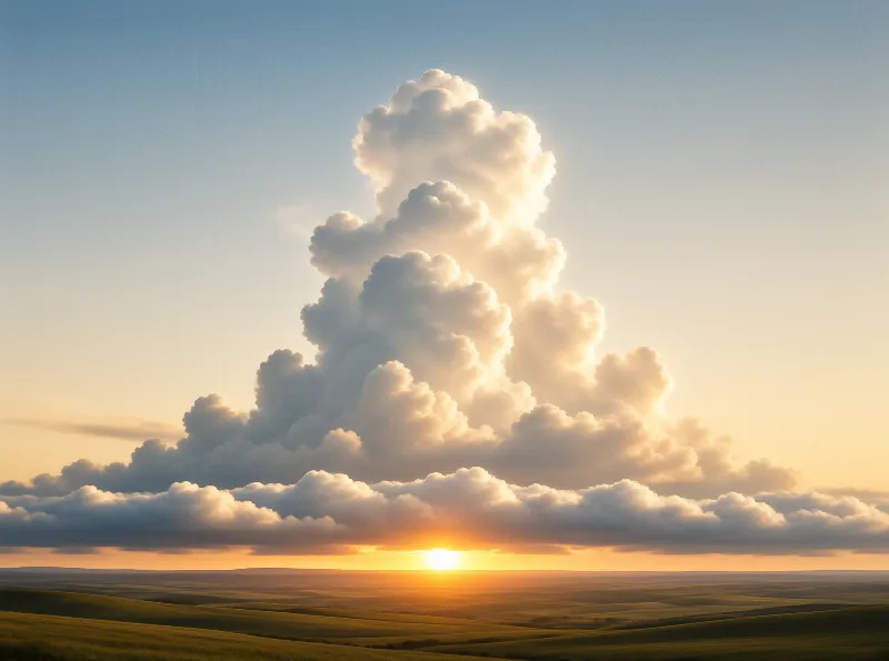 A single immense cloud column rises from a low bank of mist above golden grassland as the sun melts into the horizon