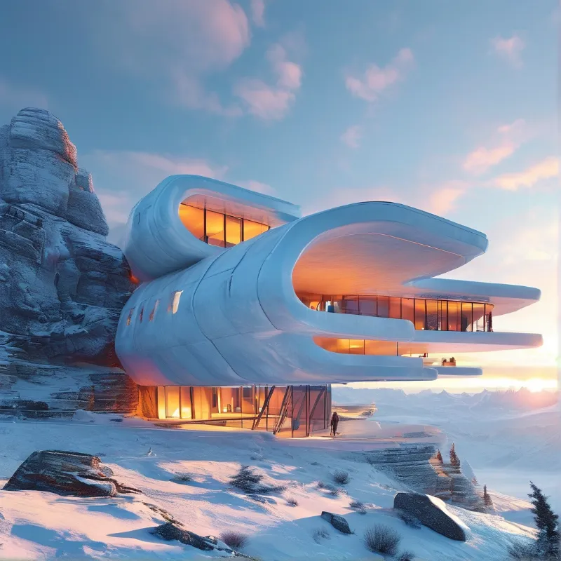 A curving white home sits on a snowy rocky mountain slope, warm orange light glows under a pale pink dusk sky.
