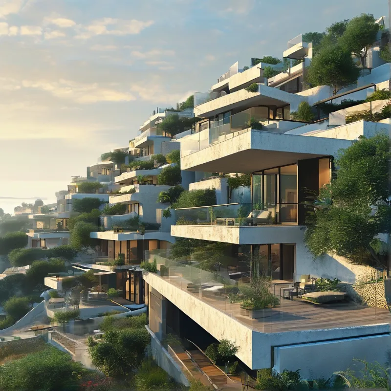 White cantilevered hillside homes sit atop lush greenery, bathed in soft warm dawn light, with open private outdoor terraces.