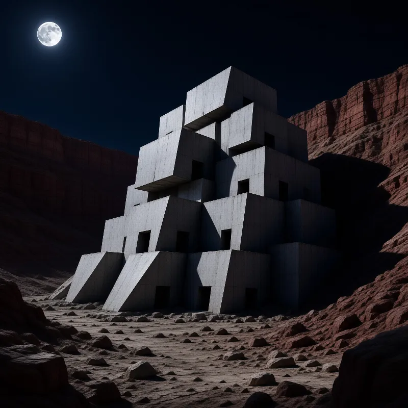 Grey concrete tower with stacked blocks stands isolated in a red rocky canyon under a bright moon.