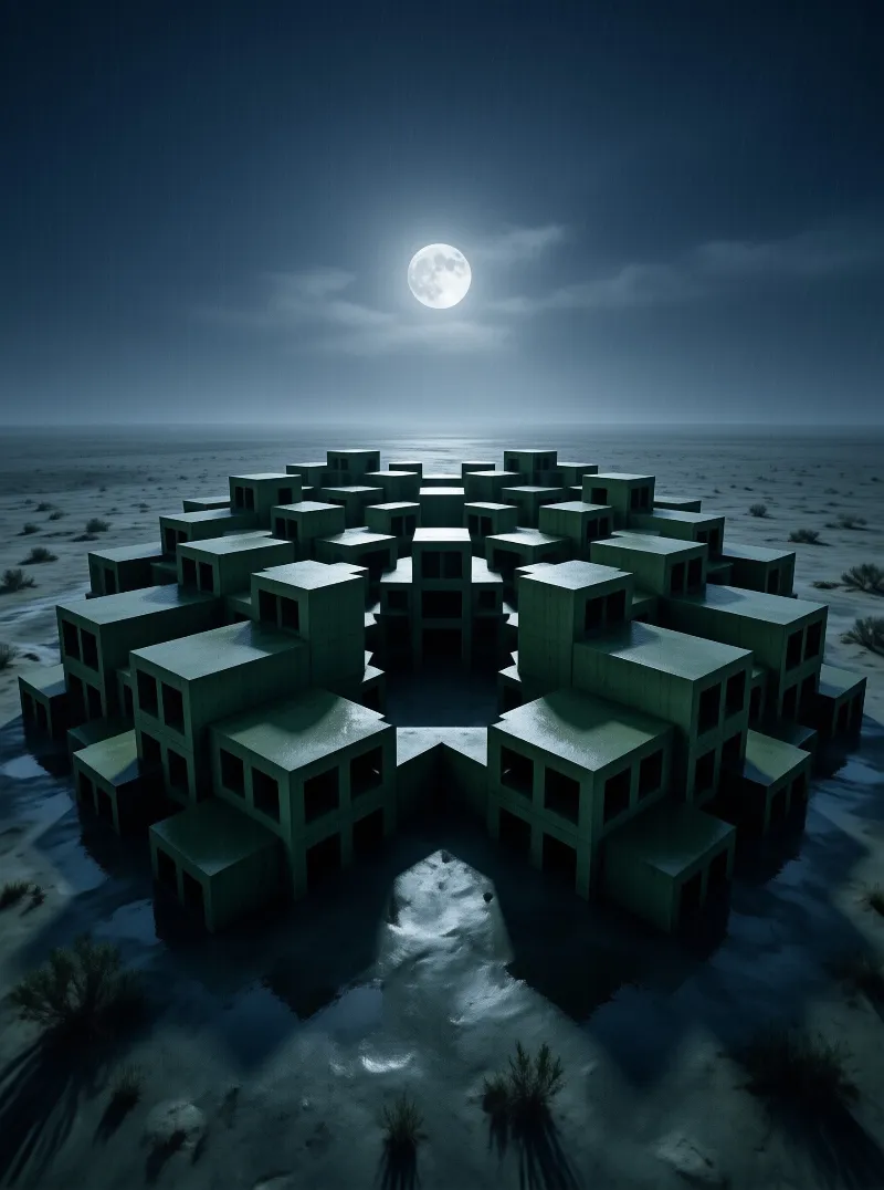 A circular cluster of small concrete cube houses sits on a moonlit desert salt flat beneath a bright full moon.