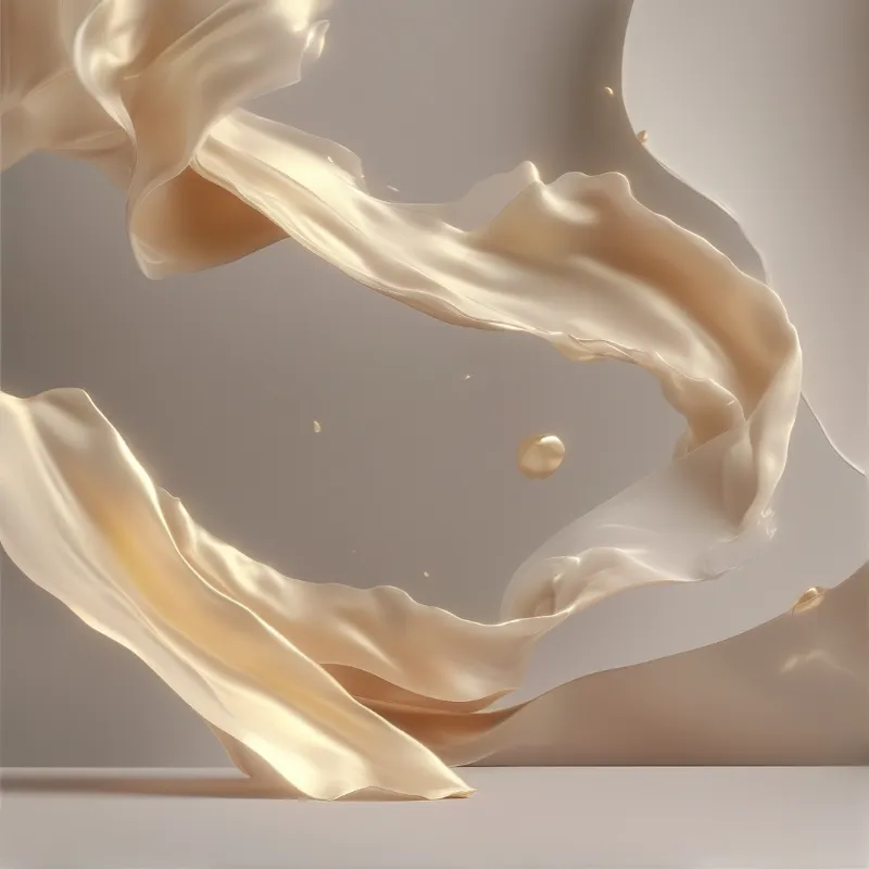 Creamy milk forms a dynamic swirl with suspended droplets against a neutral gray backdrop under soft directional lighting.