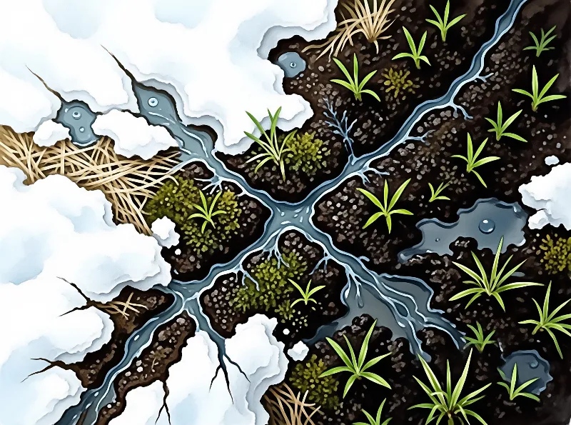 Blue water streams flow through breaking ice revealing dark ground and new green vegetation emerging.