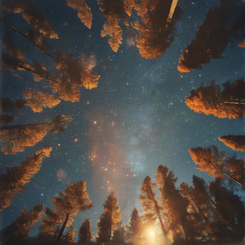 Looking straight up through amber lit treetops at a dense band of stars and glowing nebula dust in the night sky.
