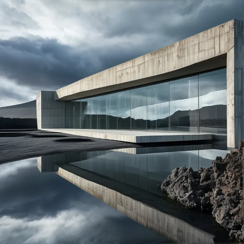 Brutalist concrete pavilion with a glass facade stands beside water reflecting it under heavy overcast clouds.