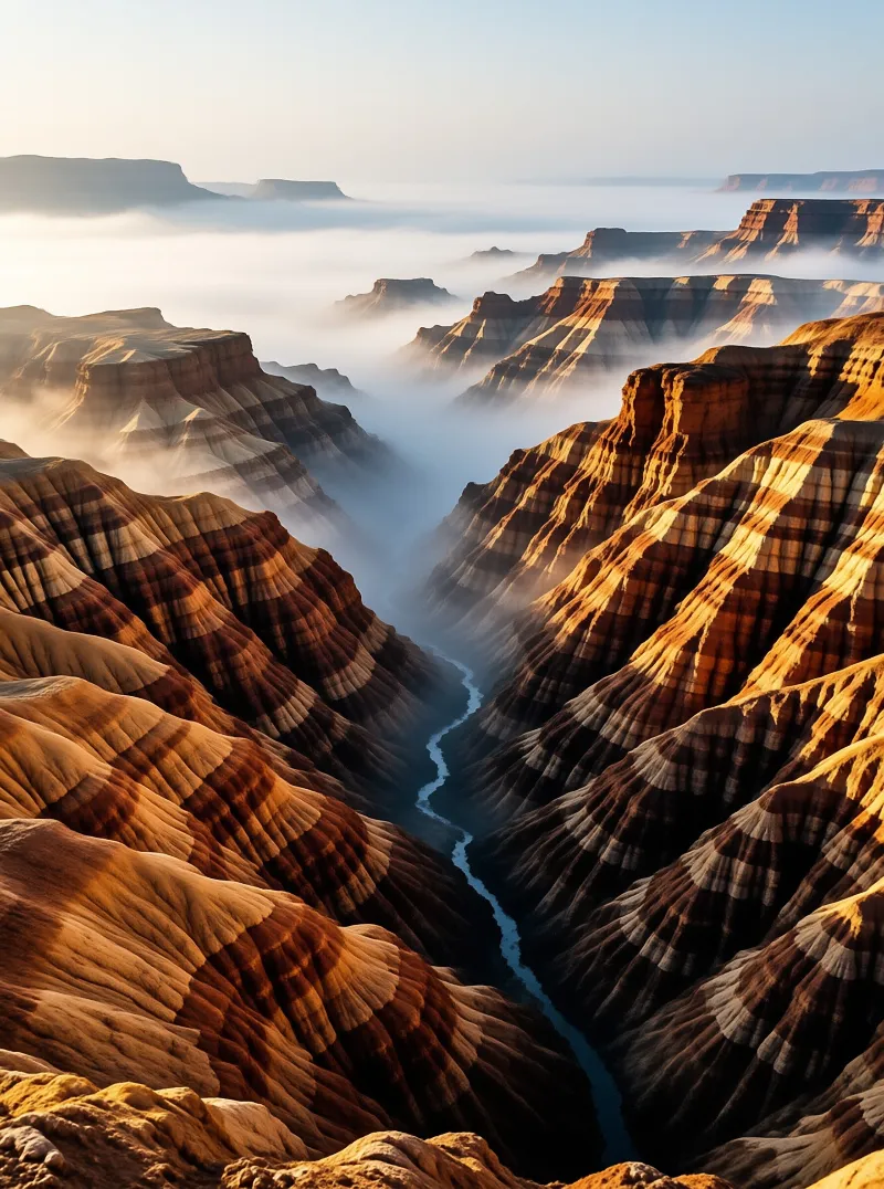 A winding stream cuts through a deep gorge of striped rock formations partially hidden by thick low hanging fog.