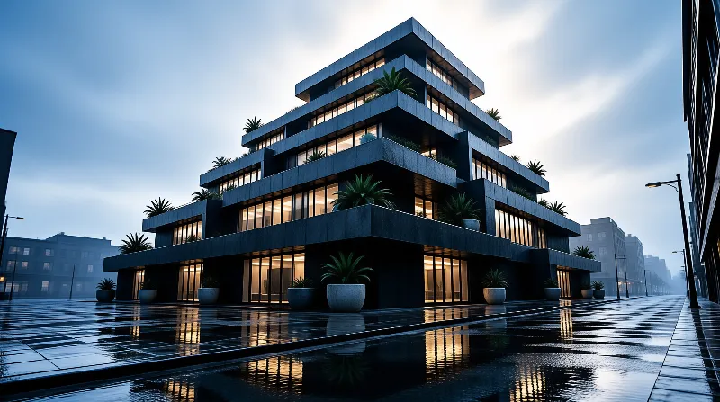 A multi level architecture complex sits on a slick reflective pavement under a cloudy sky while warm interior lights contrast against the cool blue twilight atmosphere surrounding the potted greenery on the balconies.
