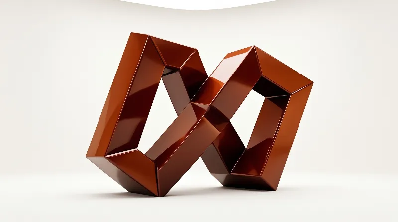 Faceted polished bands twist into a double loop that throws warm reflections onto the seamless pale floor