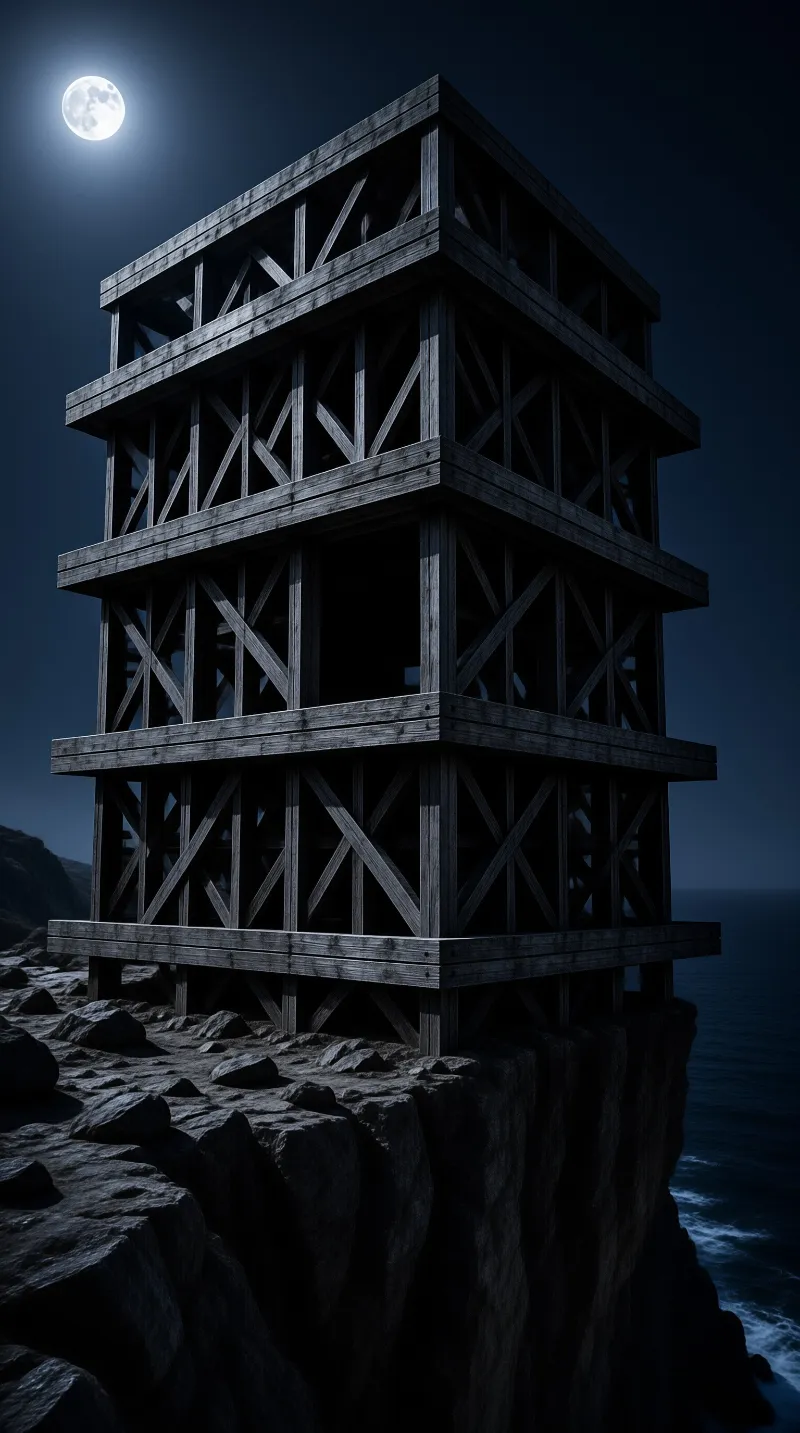 Tall wooden frame structure perched on rocky coast under bright full moon.
