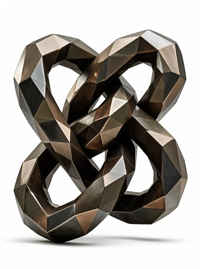 A complex metallic knot with faceted surfaces sits against a white background, reflecting light in bronze and silver tones.