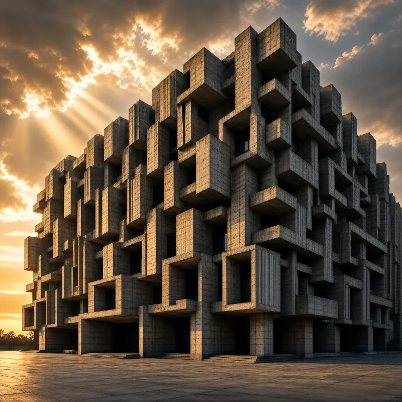 Geometric Concrete Building at Sunset