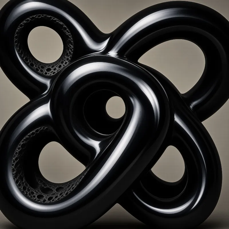 A glossy black abstract form features knotted loops and porous internal sections against a neutral background.