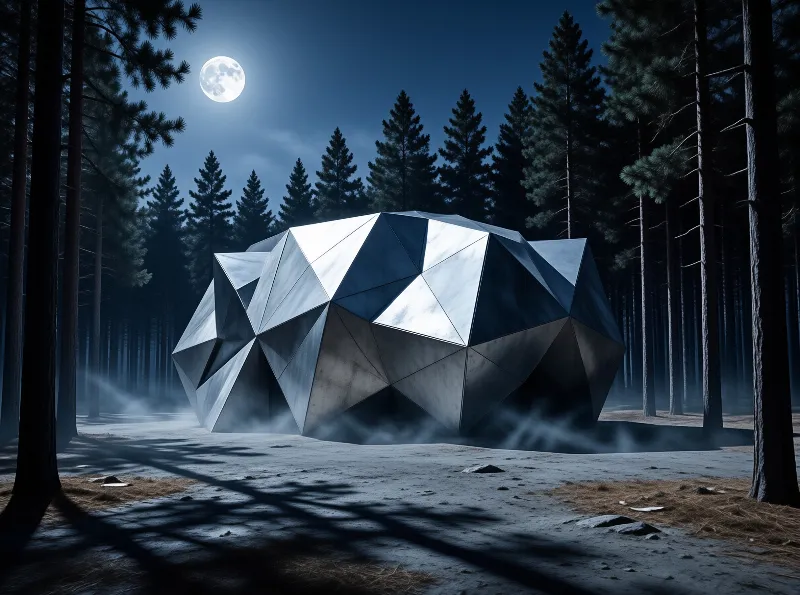 A large faceted silver building sits in a clearing surrounded by tall dark trees under the light of a full moon with fog drifting across the ground.