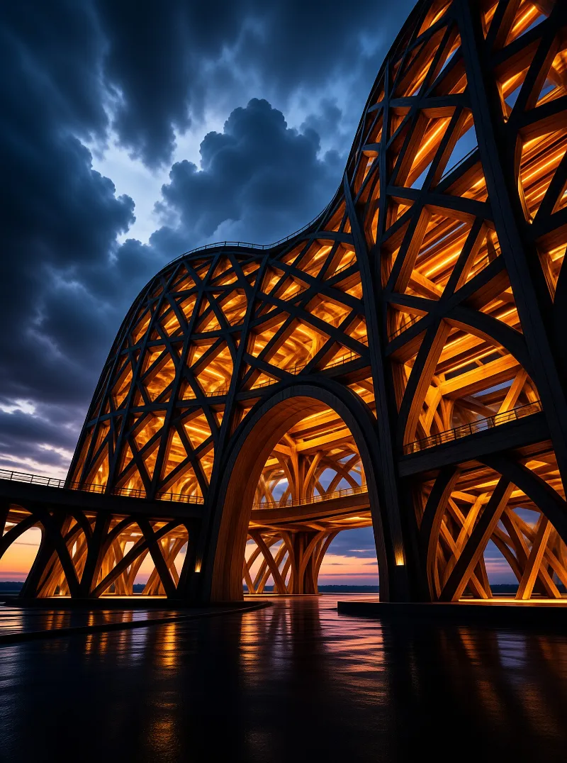 An arched wooden grid structure burns amber from within while storm clouds drift over a rain-slick plaza.