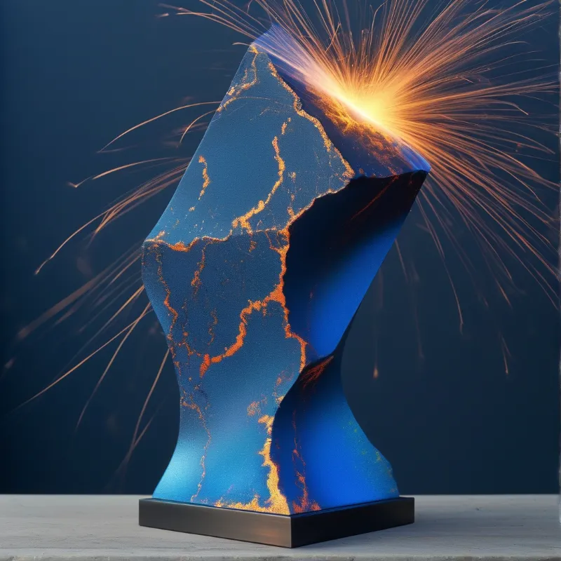 A twisted blue sculpture with gold veining sits on a black base as bright orange sparks burst from its upper right edge.