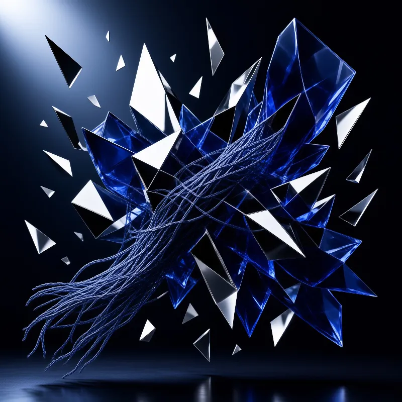Sharp blue glass shards explode outward while a bundle of fibers emerges from the center in the dark.