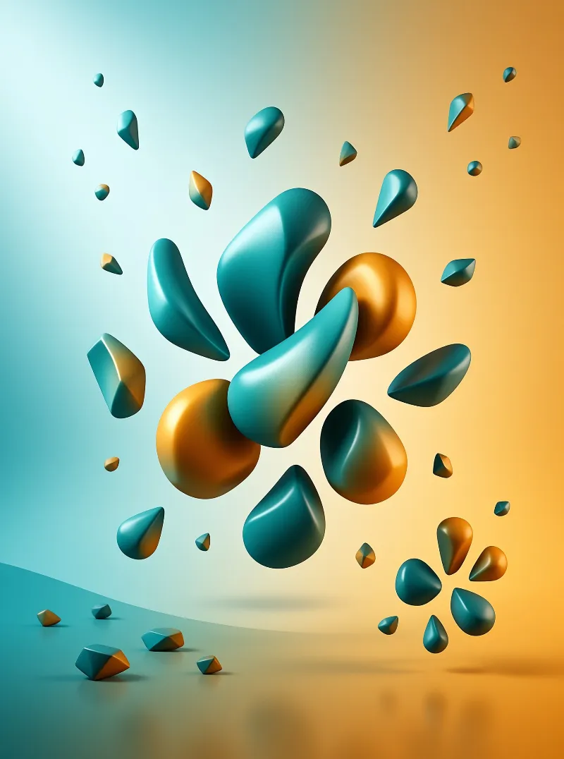 Teal and gold organic shapes float across a gradient transitioning from cool blue to warm orange.