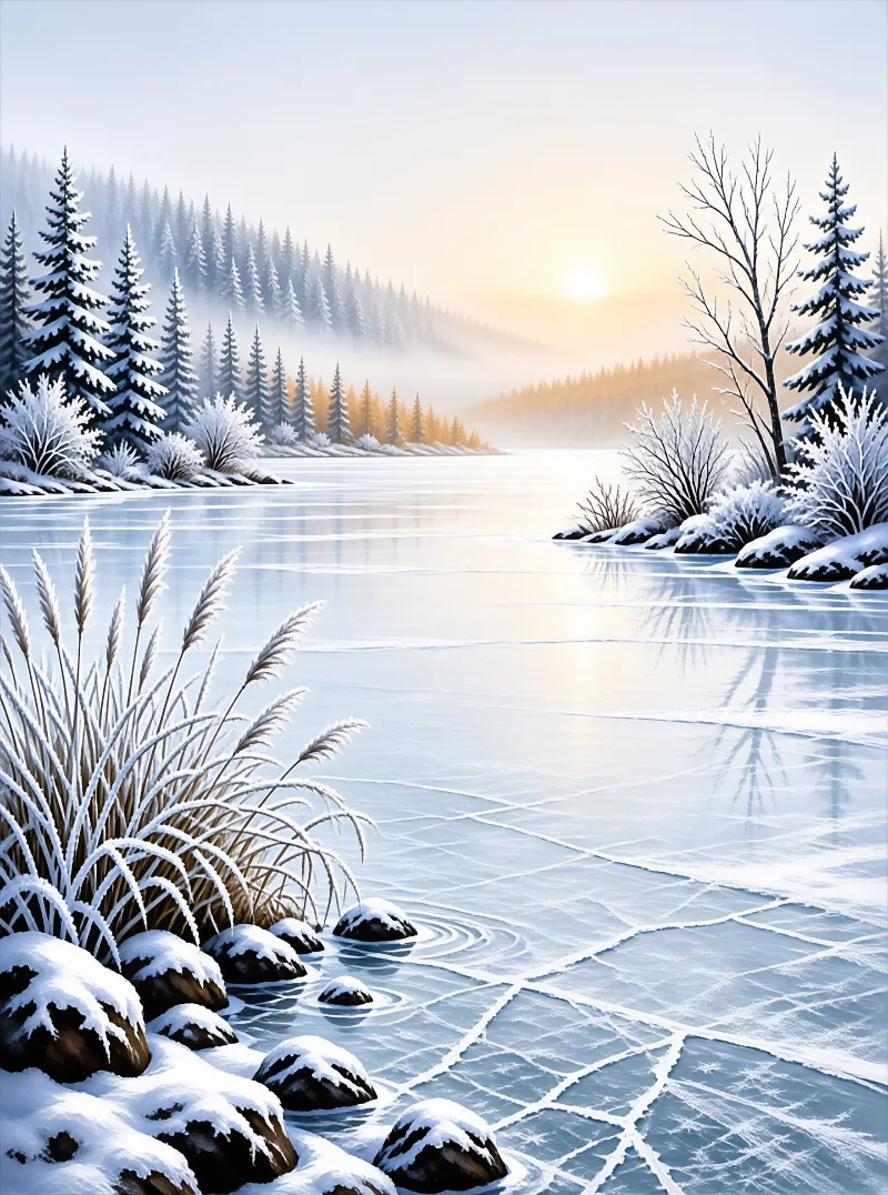 Frozen lake stretches between snow covered banks lined with pine trees under a pale sunrise.
