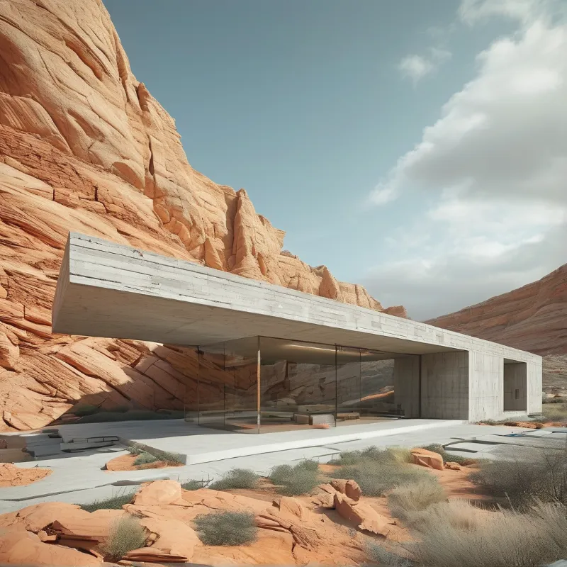 Cantilevered concrete glass walled pavilion rests against towering orange red rock cliffs under a pale blue partly cloudy sky.