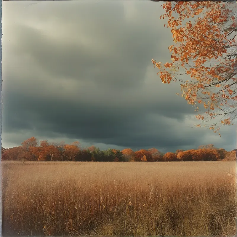 A vast field of golden grass stretches before a line of orange and green trees under a heavy gray sky.