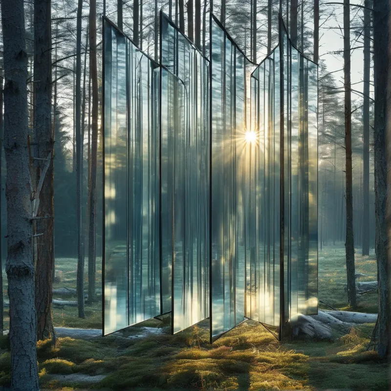 Multiple vertical glass sheets stand in a foggy woodland reflecting the bright morning sunlight.