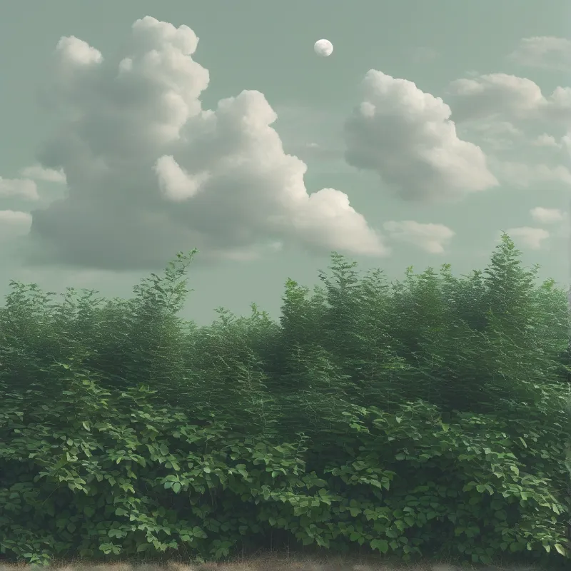 A small pale moon floats above large cumulus clouds and a dense green leafy hedge filling the lower frame.
